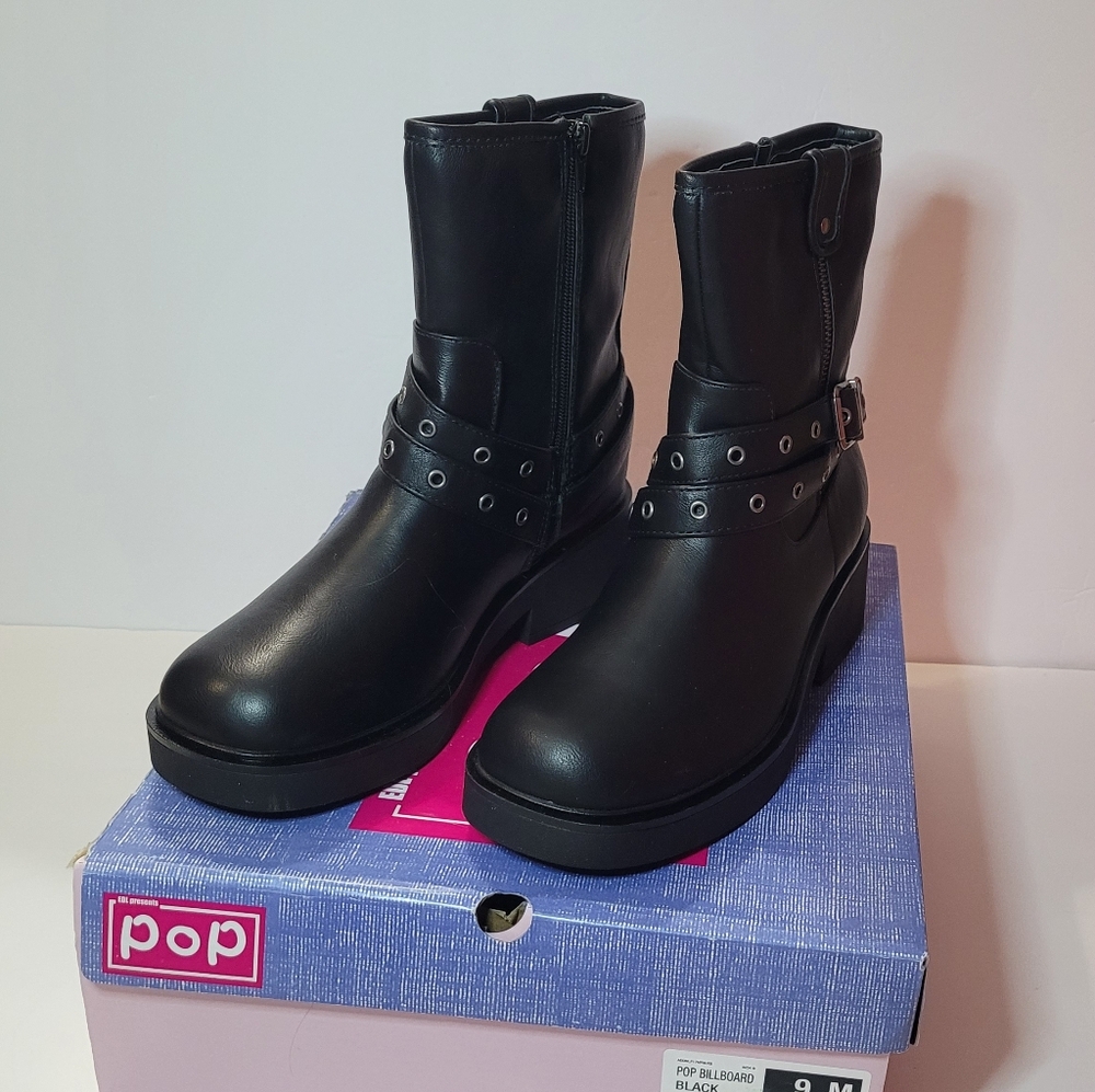 Pop Women's Black Ankle Motorcycle Combat Boots Size 9 New In Box